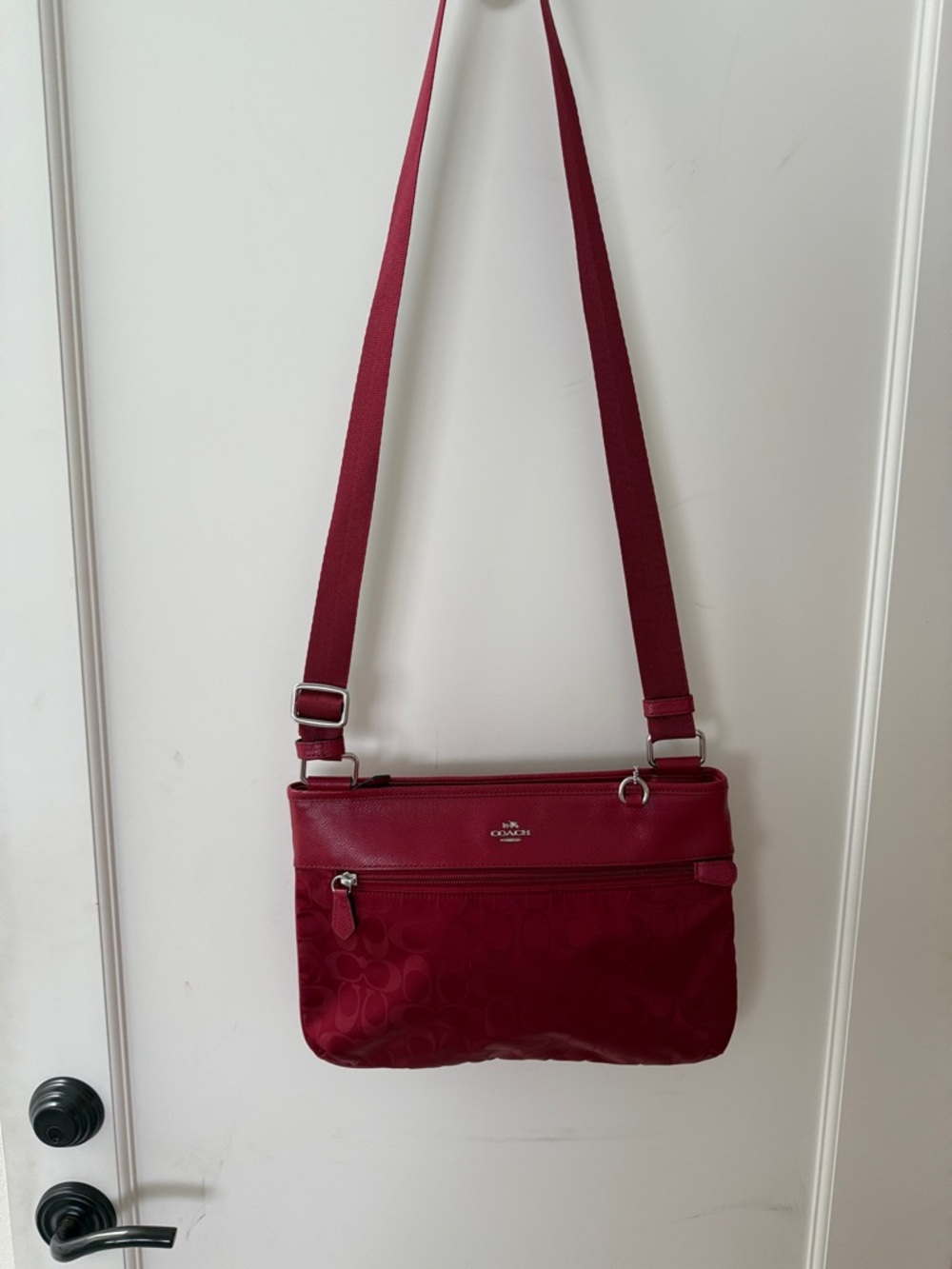 Coach vintage red crossbody bag in signature jacquard pattern with leather trim